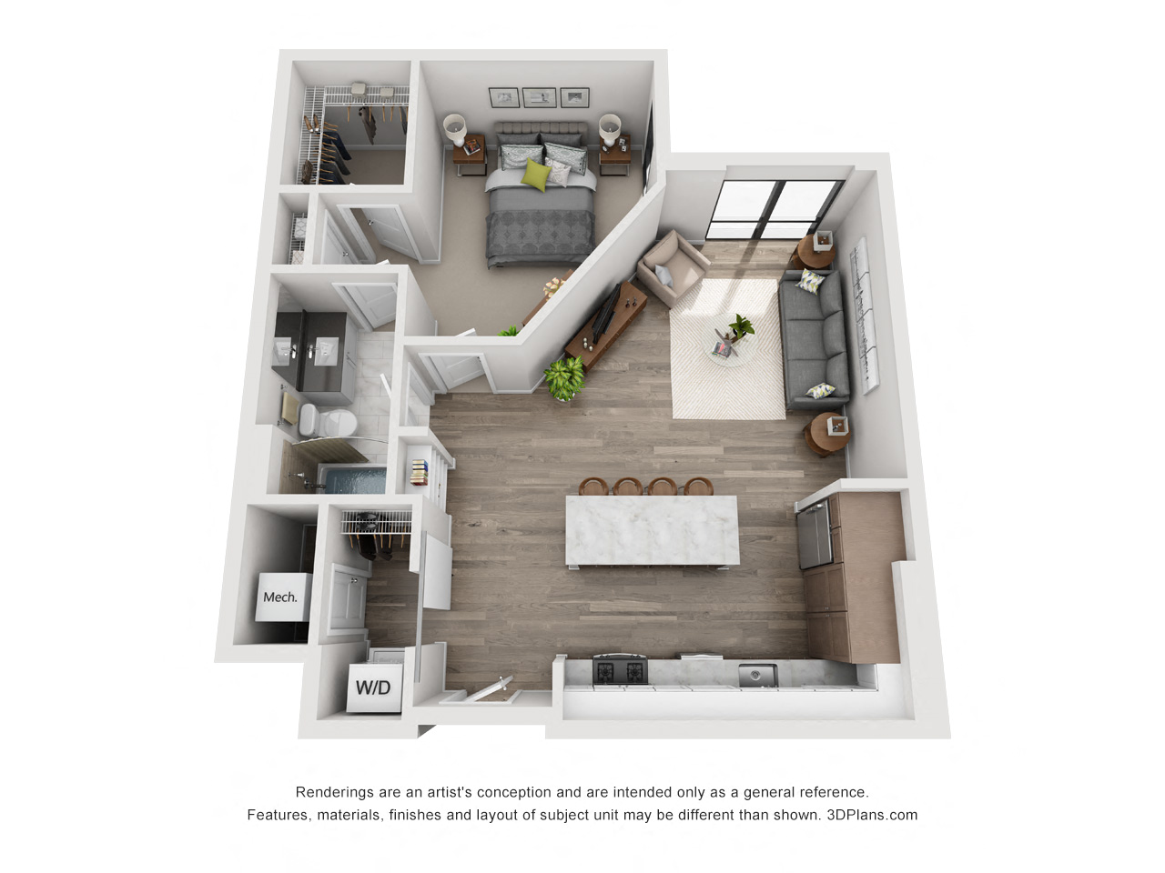 Floor plan for 1 bed, 1 bath, 793 sqft